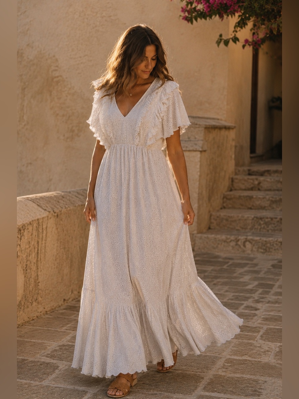Kiyonna 1X White Eyelet Ruffle Maxi Dress Cottagecore Boho Stretch Lined